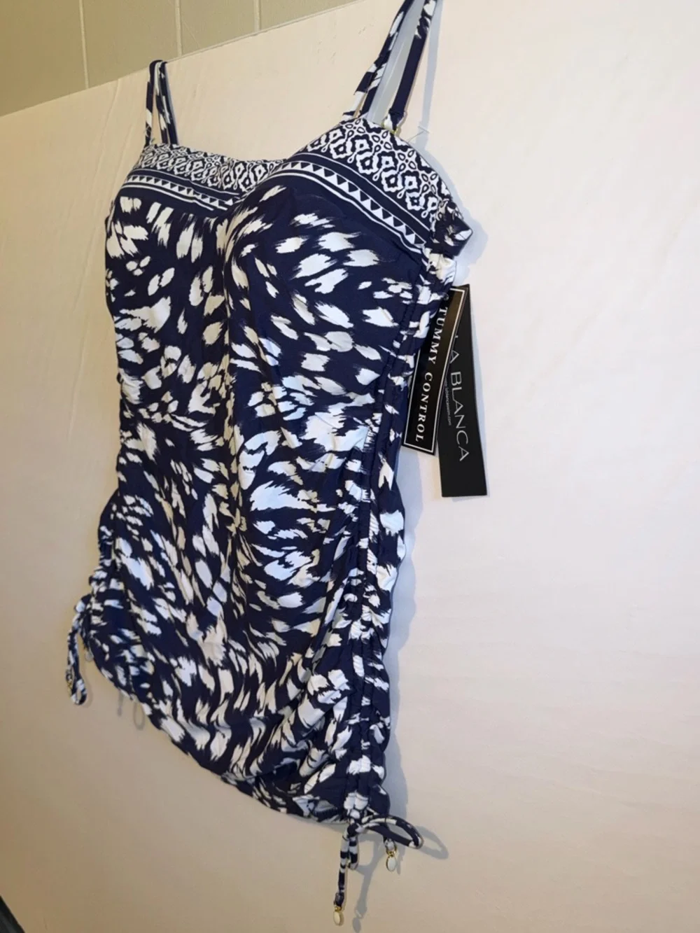 La Blanca Navy & White Printed Tankini Top with Adjustable Straps NWT size 14 - Picture 4 of 7